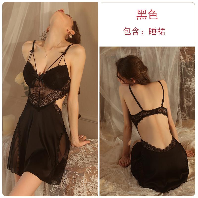 Sexy hollow satin lace plus chest pad deep V temptation steel ring gathering nightdress robe loungewear