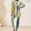 Women Plus Size Round Neck Long Sleeve Navy Blue Printed Longline Top Fitted Pants Set