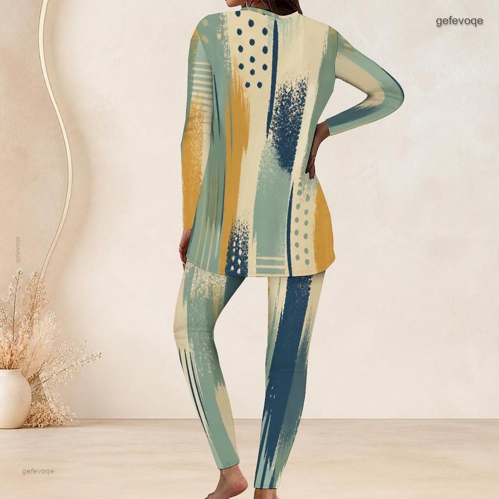 Women Plus Size Round Neck Long Sleeve Navy Blue Printed Longline Top Fitted Pants Set