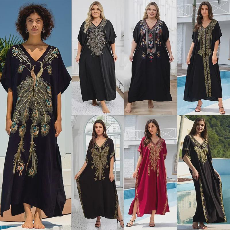 "European & American Embroidered Cotton Maxi Skirt: Women's Beach Sun Protection Robe"