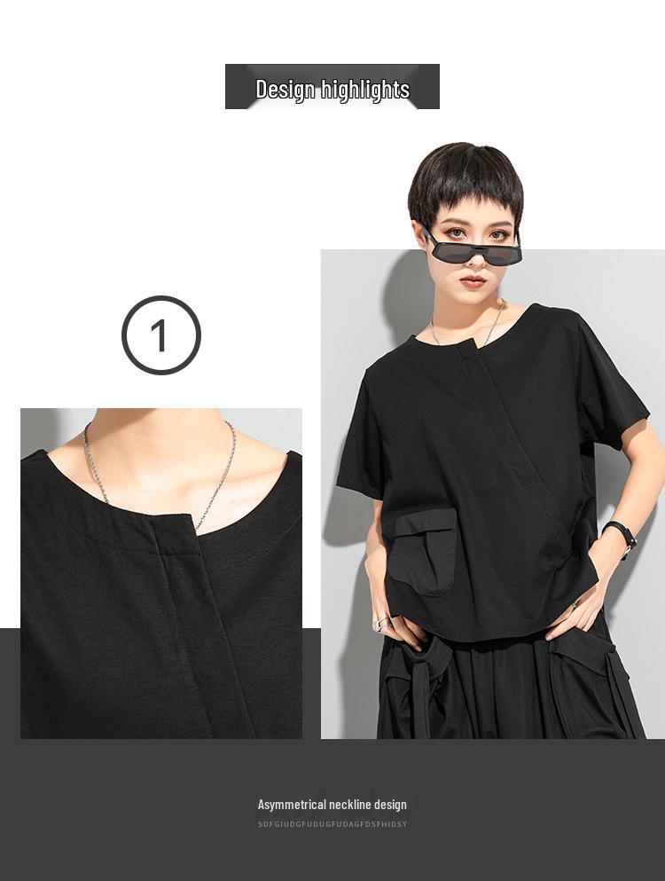 Women's Asymmetrical Swallowtail T-shirt - Dark, Round Neck, Casual & Versatile Trend