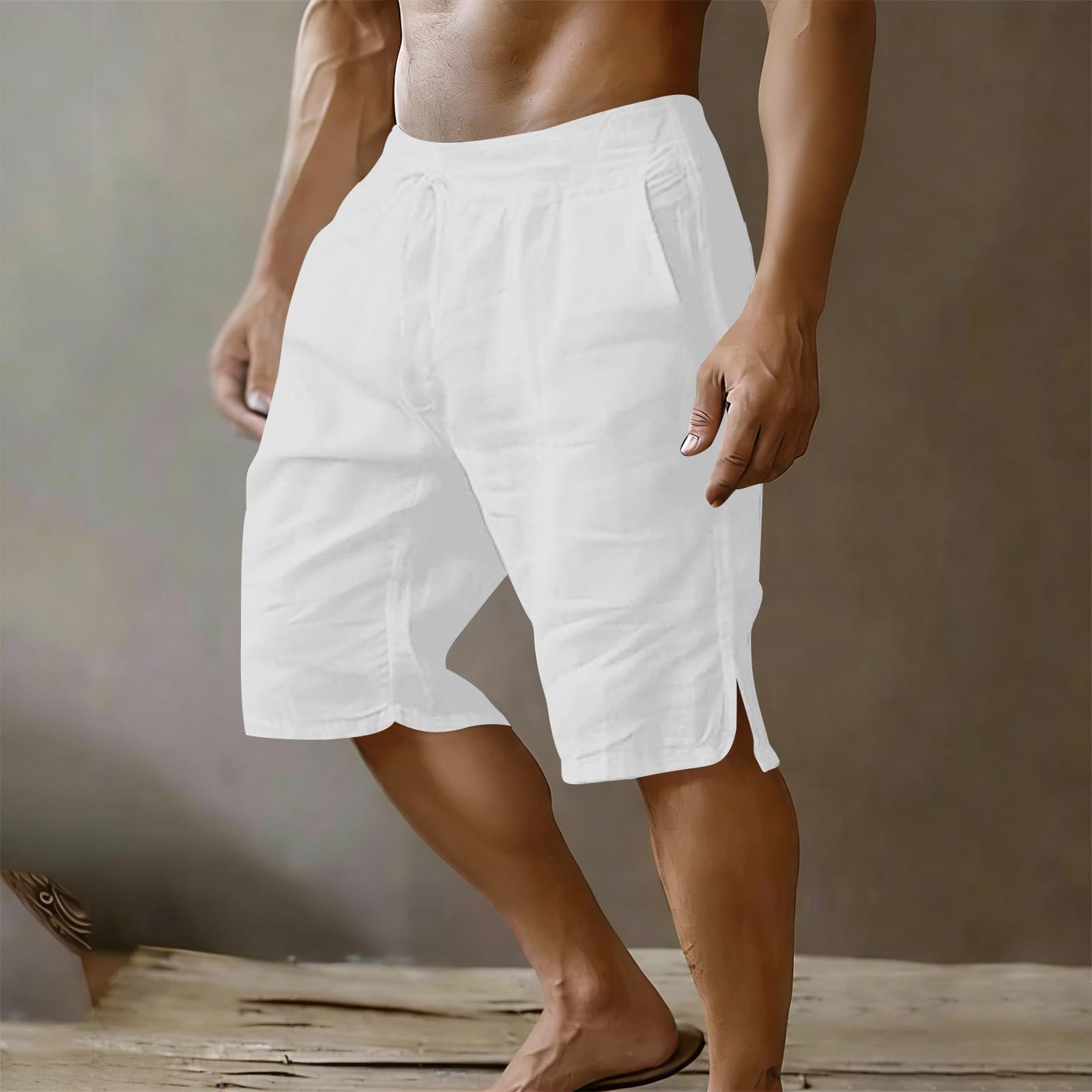 

Men s casual shorts, comfortable slit, drawstring, elastic pocket, beach pants, cropped pants XXXL белый