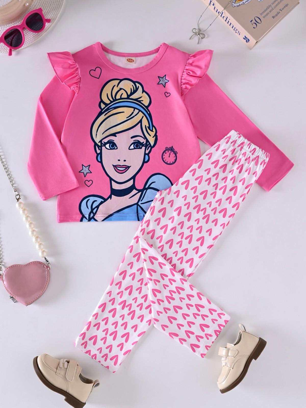 

Детский милый костюм с принтом, оборками и рукавами-крылышками, с длинными рукавами и длинными брюками, костюм для девочек 90 розовый