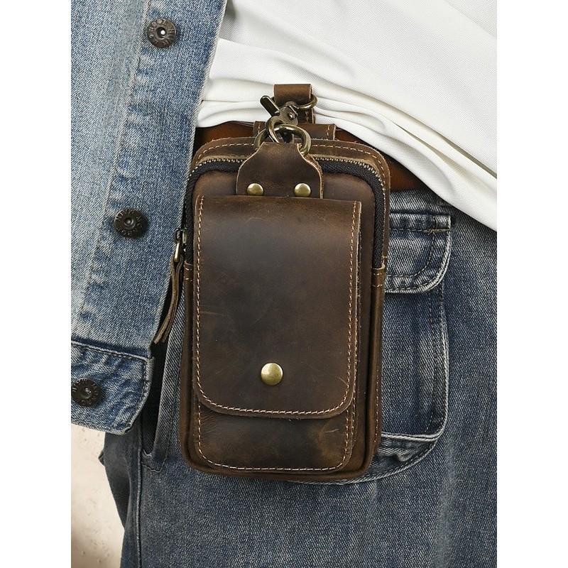 New Men's Genuine Cow Leather Waist Bag Belt-worn Outdoor Multi-compartment Water-repellent Fanny Pack 7-inch Phone Holder for Daily Travel Hiking