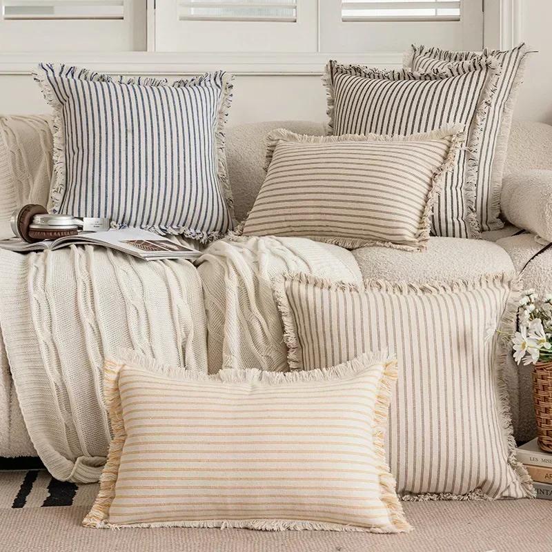Ramie Cushion Cover with Tassels Euro Flax Decorative Throw Pillow Cover Boho Shabby Chic Style for Couch Bed Home