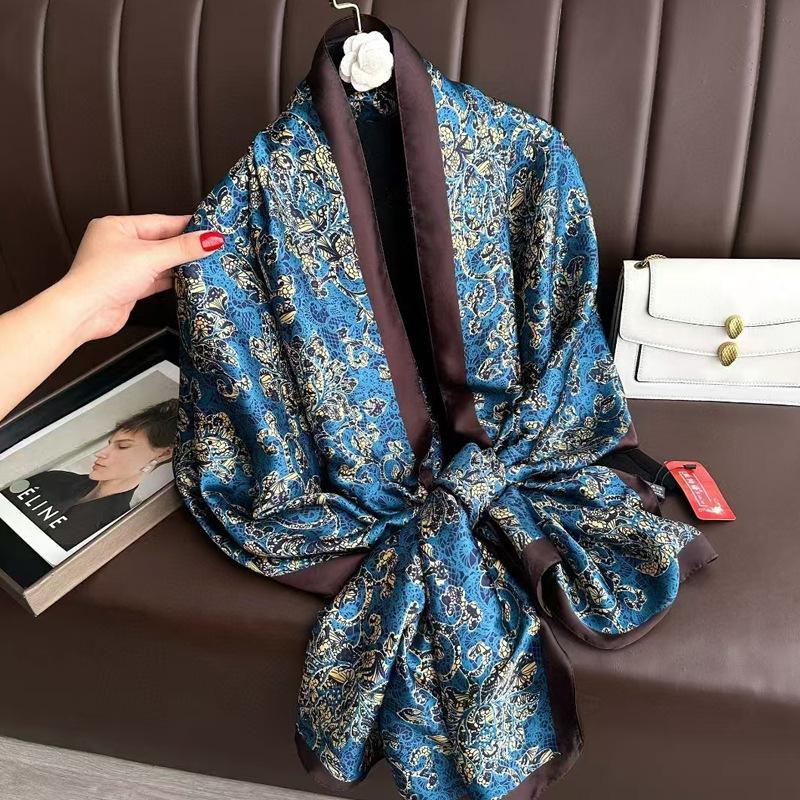 New Style Spring Summer Women Big Flower Print Scarf Ladies Popular Beach Silk Satin Shawl Fashion Headcloth