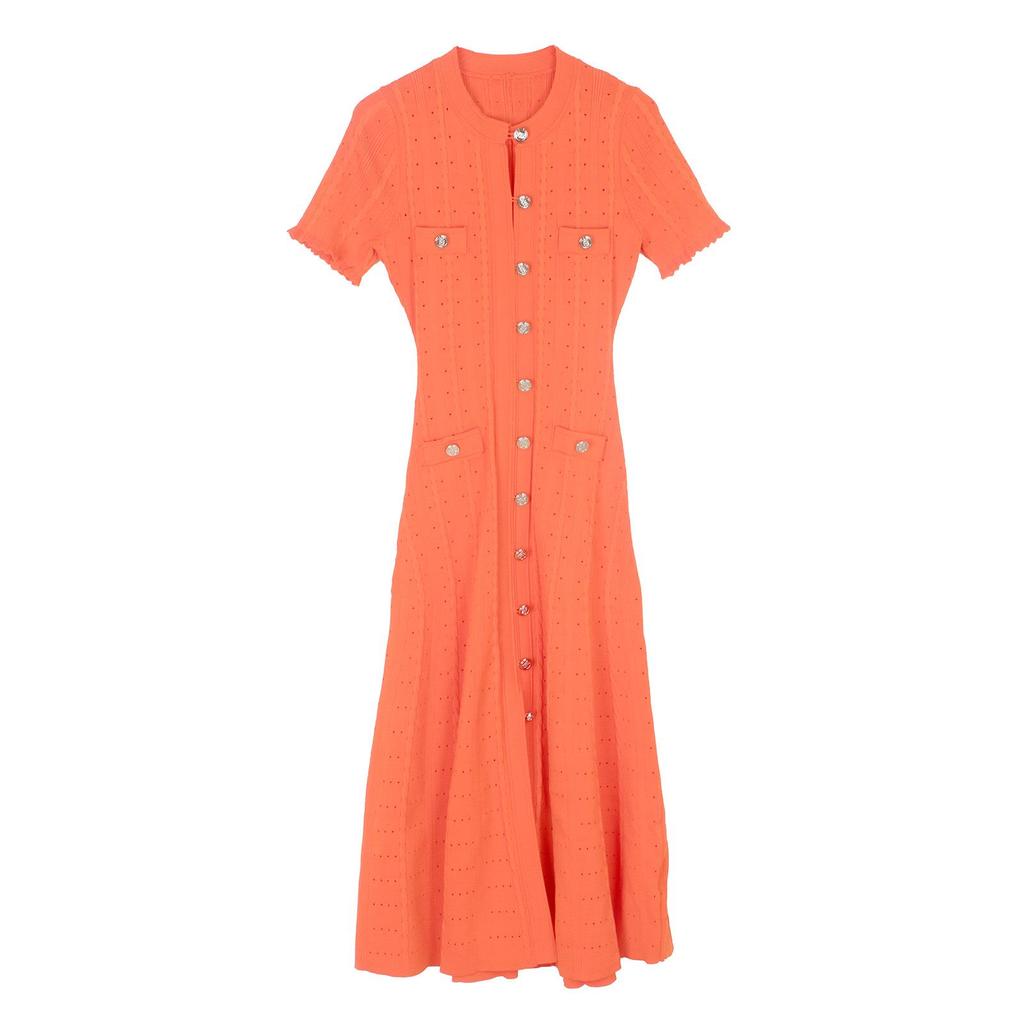 Elegant French Knit Short-Sleeve Hollow-Out Long Dress - Waist-Slimming and Single-Breasted Design