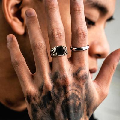 Punk Vintage Ethnic Rings for Men Retro Viking Knot Rune Finger Band, Black Geometric Square Stone Signet Ring Jewelry