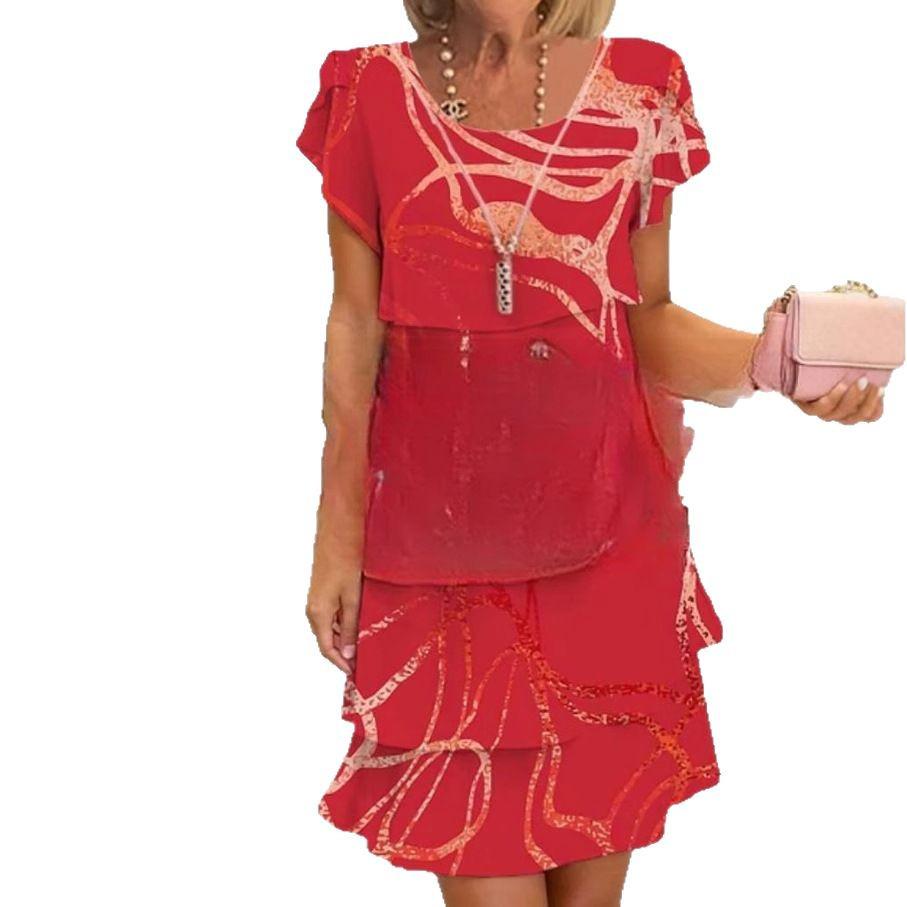 2025 European & American 3D Print Short Sleeve Round Neck Cake Dress for Spring/Summer