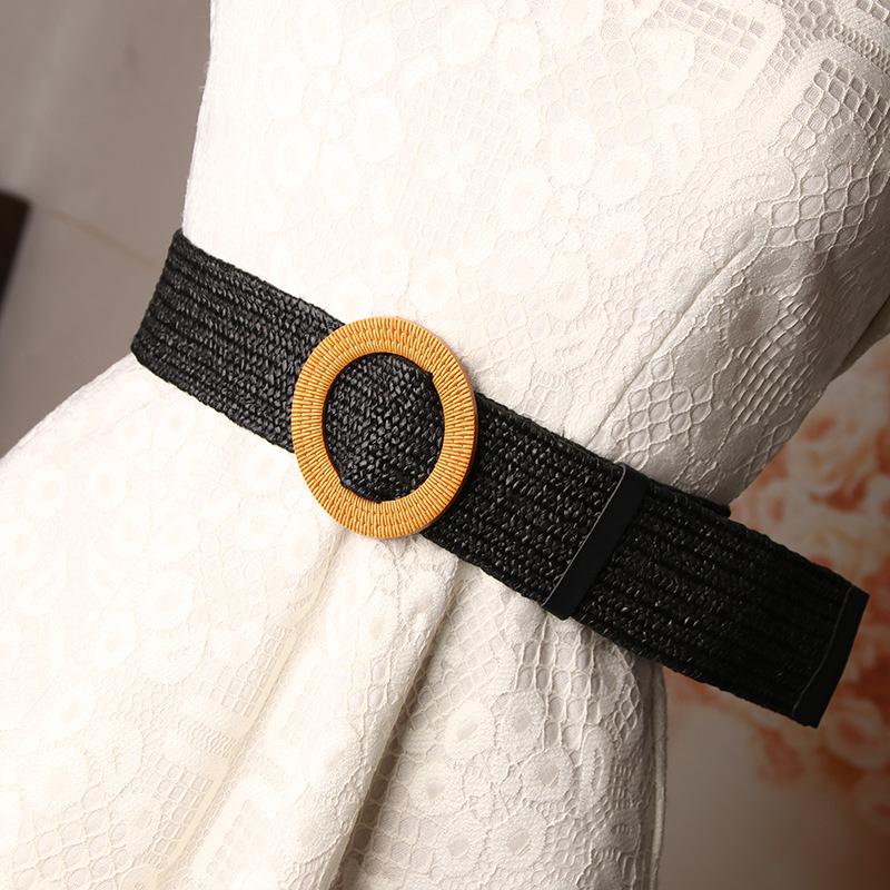 Women's Wide Round Buckle Elastic Belt - Cotton & Linen, Straw Style, Mori Girl Fashion.