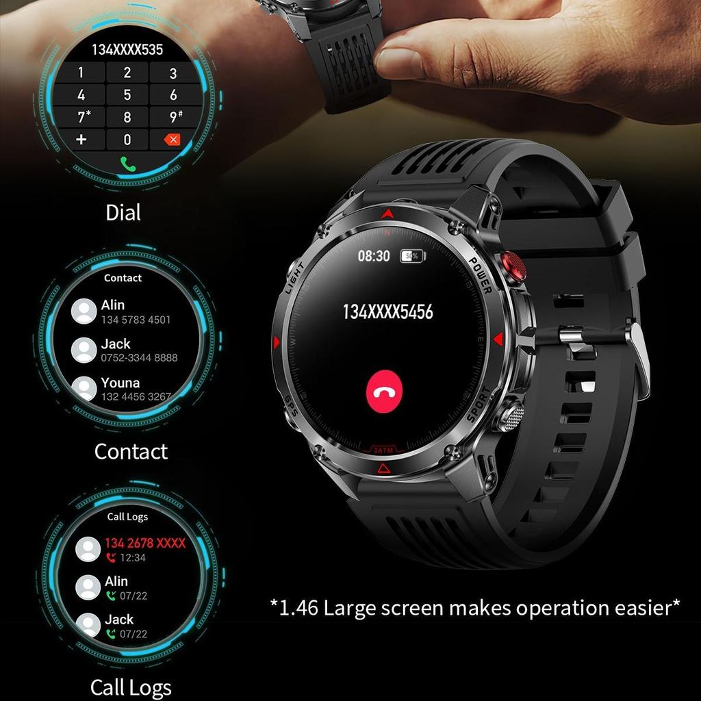 Rainbuvvy HT37 GPS Smartwatch 1,46 Zoll IPS-Bildschirm Bluetooth-Anruf IP68 Wasserdicht Taschenlampe Herzfrequenz 540mAh Android Sportuhr
