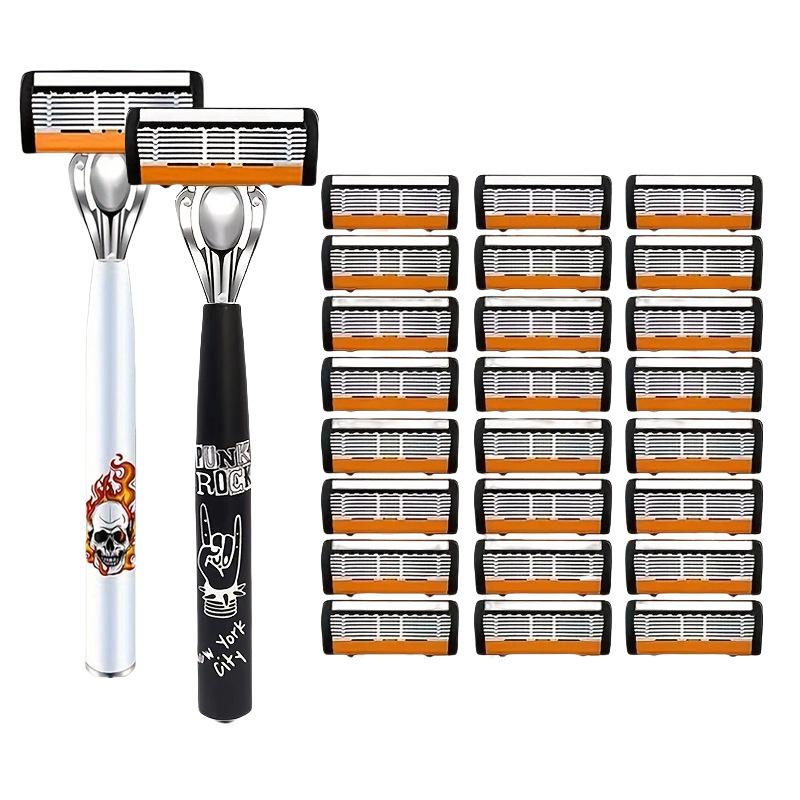1set (2 Tool Holders + 24 Blades) Skull-Themed Style Manual Razor Set 6-Blade Cartridge Men s Razor Women s Manual Razor 1set