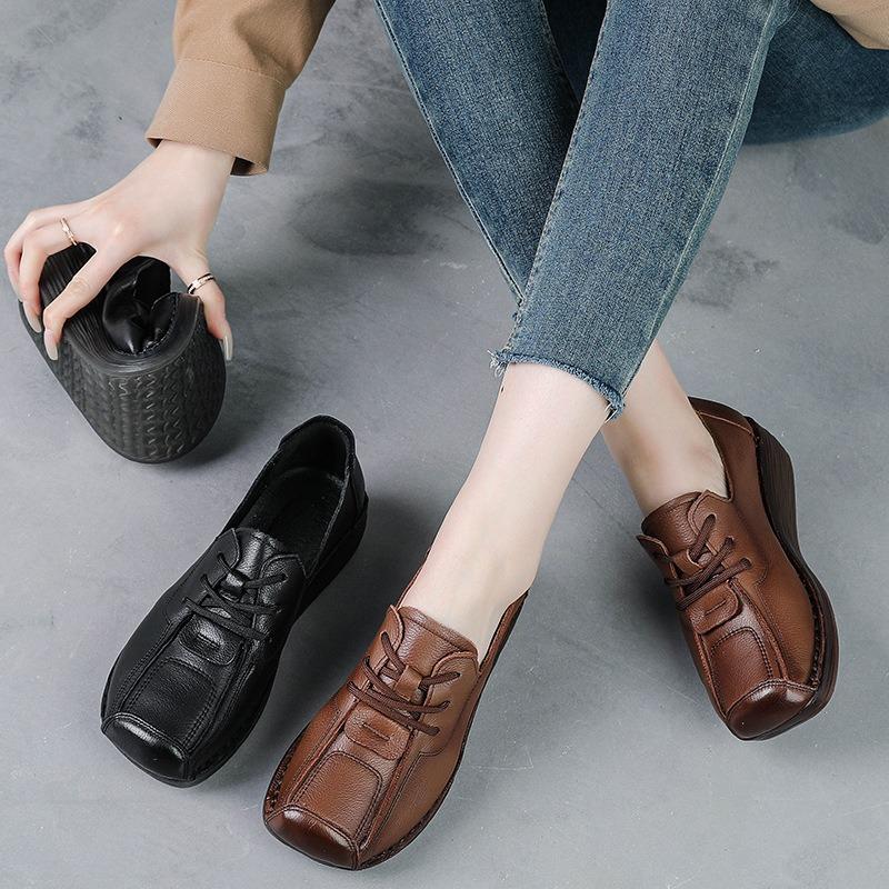 First layer cowhide muffin thick sole wedge heel soft sole mother shoes genuine leather shoes women's cowhide sole retro single shoes