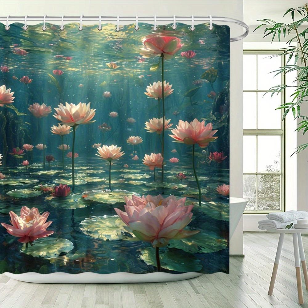 Lotus Lake Shower Curtain - 70.8x70.8 Inch, Vibrant Pink Floral & Aquatic Scenery, Polyester, Easy Clean, Nature-Inspired W90XH180cm