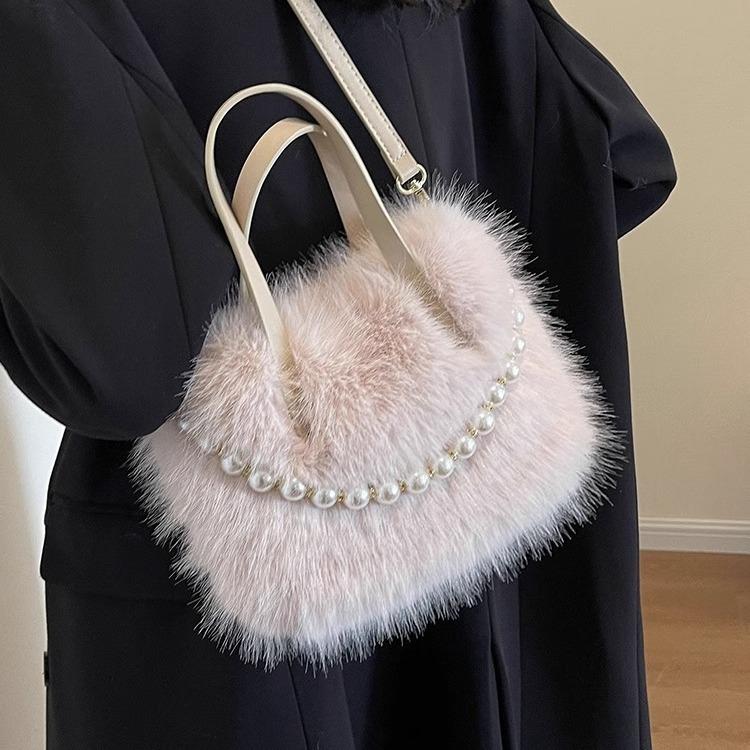 Winter New Soft Plush Portable Female Mini Handbags Fashion Versatile Pearl Small Square Women's Crossbody Bag Soft Texture Ladies Messenger Bags