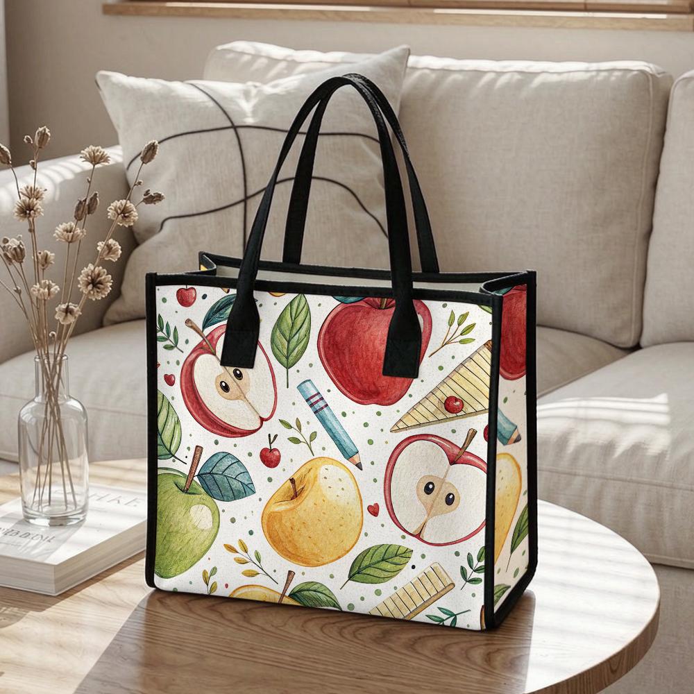 Cute Apple Pattern Tote Bag Portable Daily Handbag for Women Casual Lightweight Shoulder Bag for Work Shopping