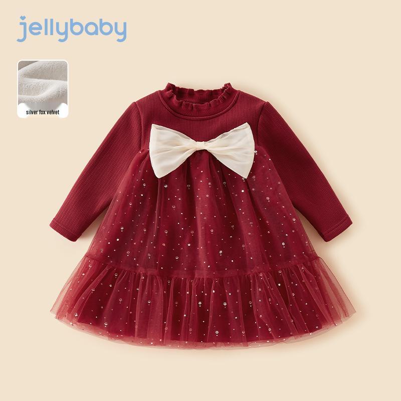 

Girls Red Fleece Princess Dress for Autumn/Winter - First Birthday Celebration Outfit with Gauze Skirt 100 cm червоний