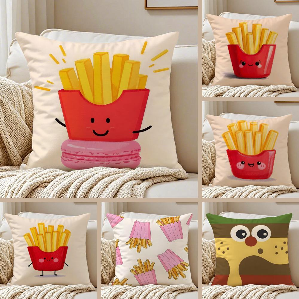 Cute Illustration of Hamburger Fries and Pizza Cushion Cover Pillowcase Antidustmite Living Room Sofa Decor Cushion Room