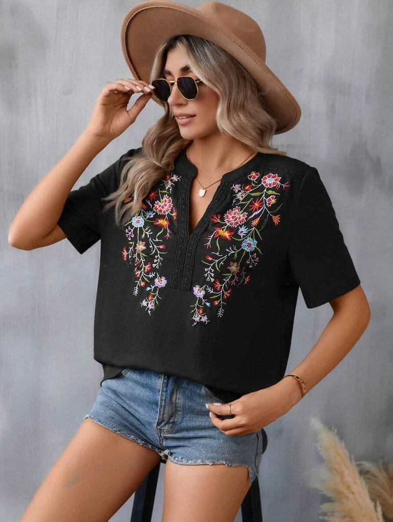 Women's Printed Stand-up Collar Ramie Shirt Top