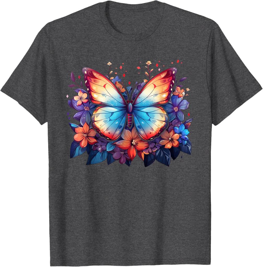 Colorful Butterfly Flowers Graphic Tee Men's Casual Short Sleeve Breathable T-Shirt