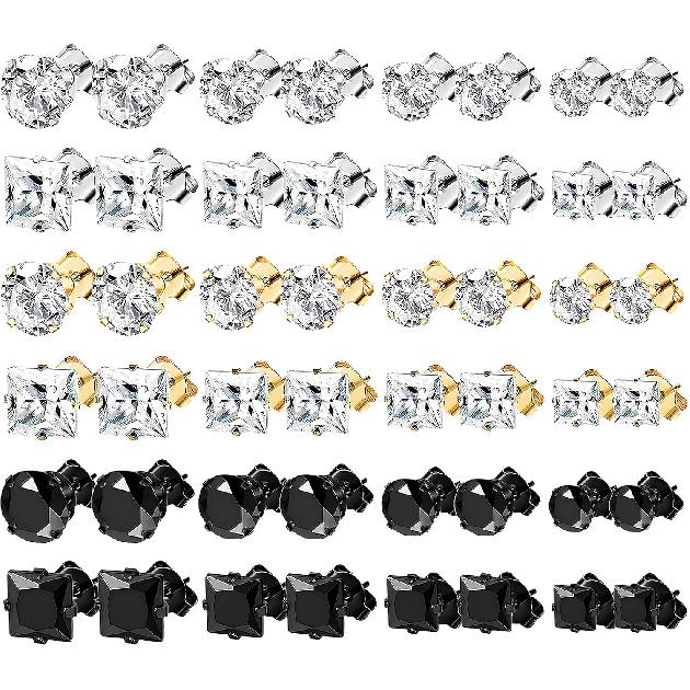 NEWITIN 24 Pairs Stainless Steel Earrings for Men Hypoallergenic Inlaid Cubic Zirconia Studs Hoop Earring Cross Dangle Earrings Unisex Punk Stud