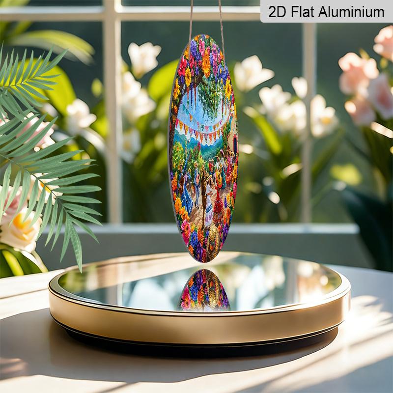 2D Flat, 1pc Round Cinco De Mayo Aluminum Hanging Sign, Colorful Mexican Fiesta Dancing Folk Flower Sombrero Design, Vibrant Metal Wall Decor