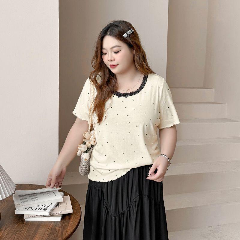 

Plus Size Women s Clothing [French Sweet Polka Dot T] Contrast Color Lacework round-Neck Bows Belly Covering Short Sleeve T-shirt Top Meters apricot 9xl