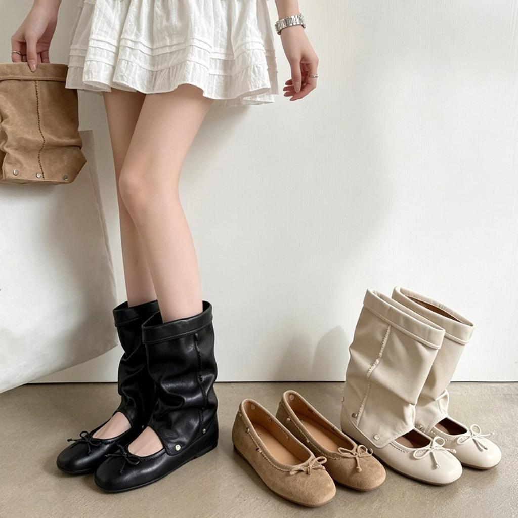 [Removable] Round head retro bow ballet shoes women's two wear short boots pleated pile boots