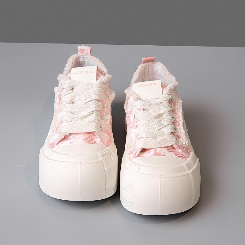 Autumn New Womens Fashion Lace-up Round Toe Color-blocked Thick-soled Womens Vulcanized Shoes Casual Walking Street Canvas Shoes