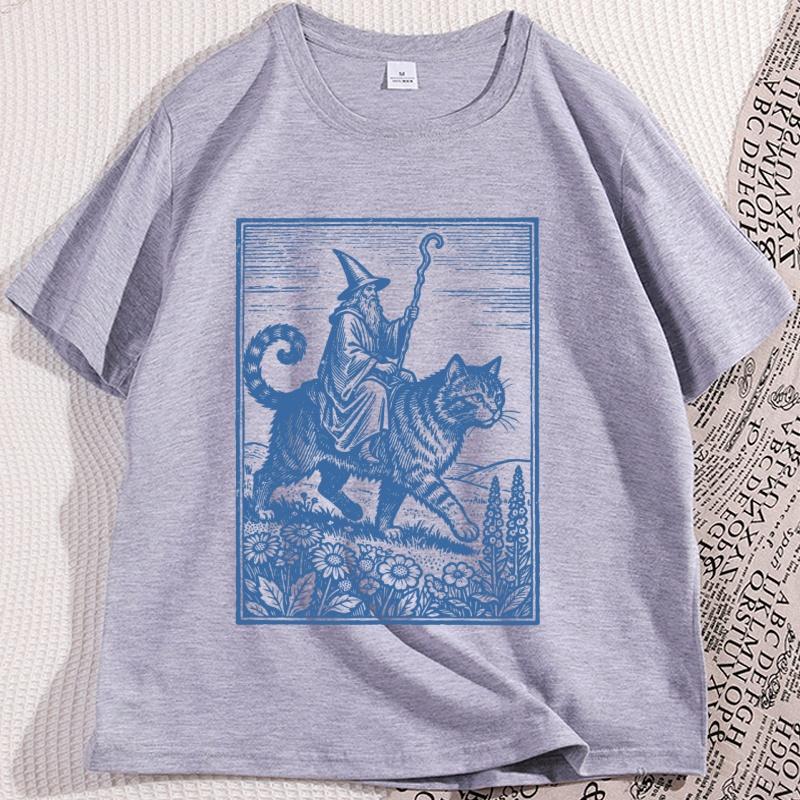 Wizard Cat Rider Vintage TShirt Men Women Fantasy Graphic Tee Funny Cat Short Sleeve Tshirt Causal Round Neck Printed Tees