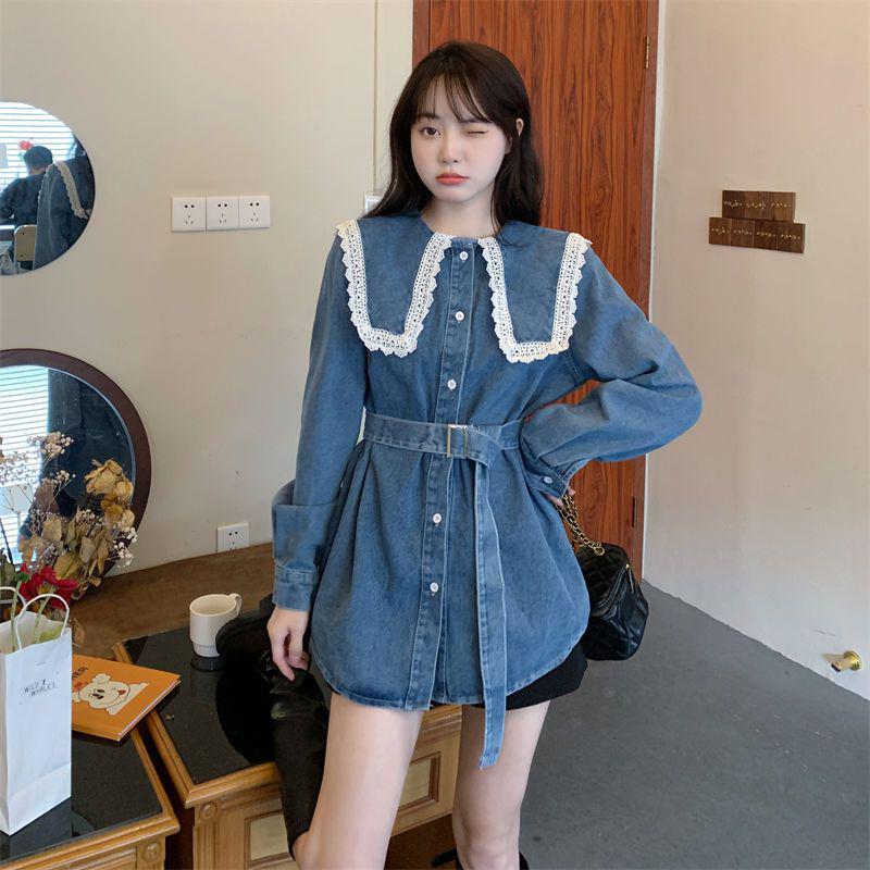 

Women s Plus Size Slim-Fit Denim Dress with Doll Collar – Autumn/Winter Waist-Cinching Suspender Style 5XL (recommended for 180-200 jin)
