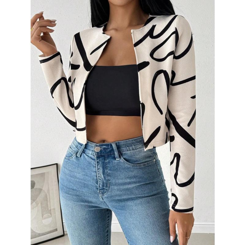 

Осенне-зимняя женская элегантная модная повседневная куртка с абстрактным принтом и лацканами M абрикосовый