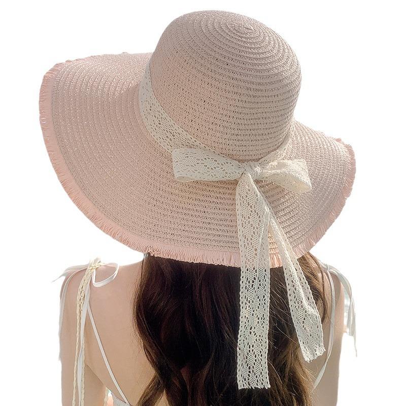 Chapeau de soleil classique en dentelle avec ruban, élégant, en paille, à large bord, pour l'été, les voyages, la plage, pour femmes, usage quotidien