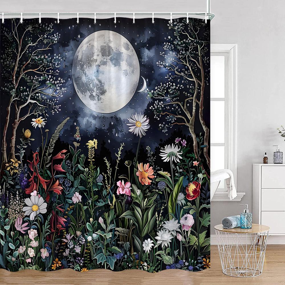 

Astrology Shower Curtain Starry Sky Full Moon Night Green Magic Plants Mushroom Bathtub Curtain Vintage Dark Bath Decor For Home 90x180cm-35x70in