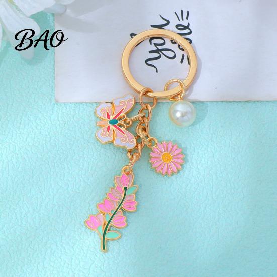 Keychain Pendant with Round Imitation Pearls, Flower Butterfly Enamel Charm Multi-color Key Ring, Pastoral Style Layered Holder Strong Chain Keyring