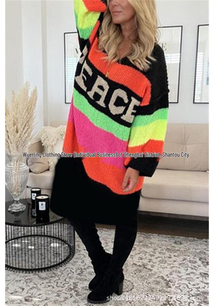 2026 Spring/Autumn Women's Rainbow Stripe V-Neck Loose Knit Sweater – 3 Colors Available