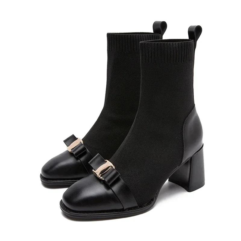 Fashion Autumn Women Knit Ankle Boots Fashion Metal Decoration Slimming Short Booties Autumn Winter Female Thick Heel Shoes