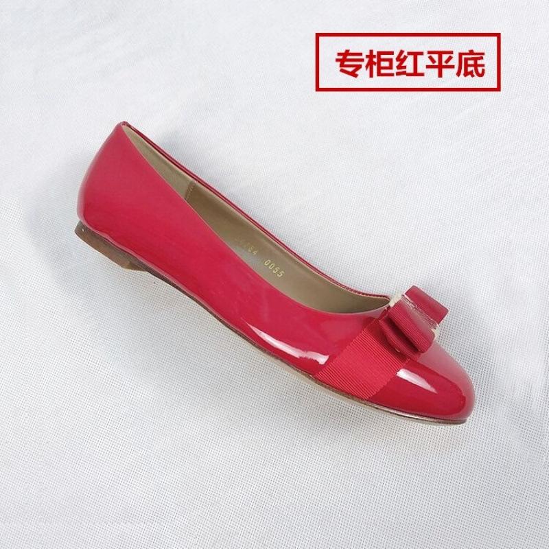 Patent leather leather single shoes bow flat bottom round head shallow mouth new red wedding shoes versatile thick heel medium heel women's shoes