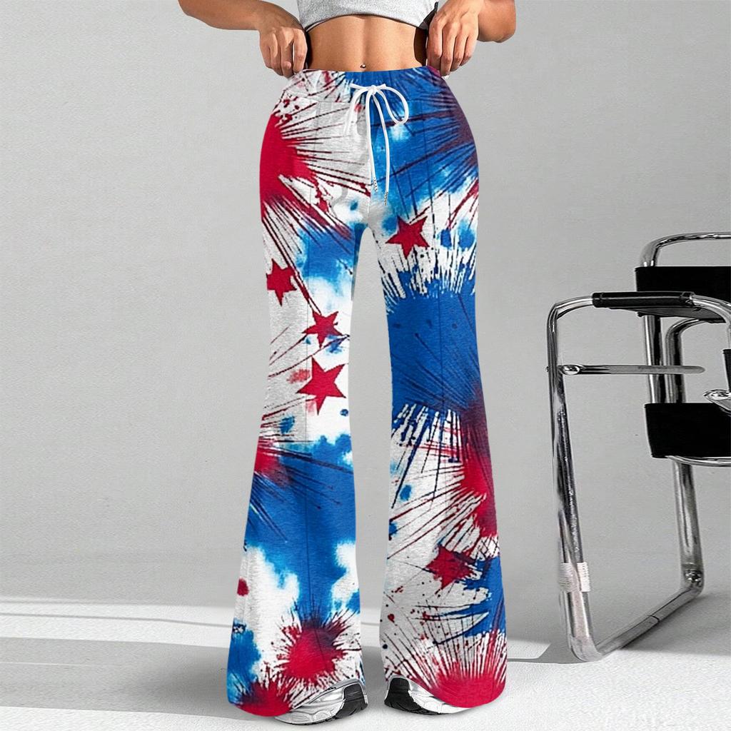 Women's Fashion Loose Drawstring Tight Waist Independence Day Printed Casual Sports Pants Casual Flared Pants