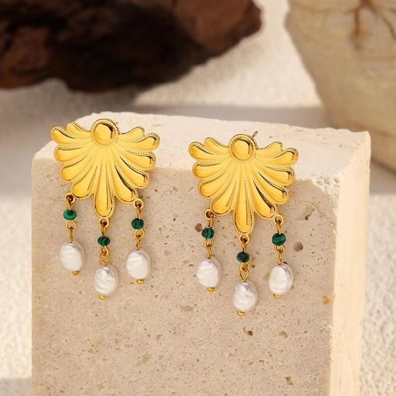 Fashion Exqusite Geometric Texture Stud Earrings Stainless Steel Pearl Tassel Earrings  For Woman Daily Wear Party Gifts
