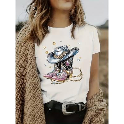 Camiseta Ocidental Cowboy Série Estampada de Manga Curta Feminina, Adequada para Todas as Estações Os Padrões de Strass/Brilho