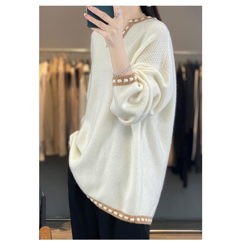 Korean Style Oversized Loose Knit Sweater Casual V Neck Pullover Color Block Tops for Women Autumn