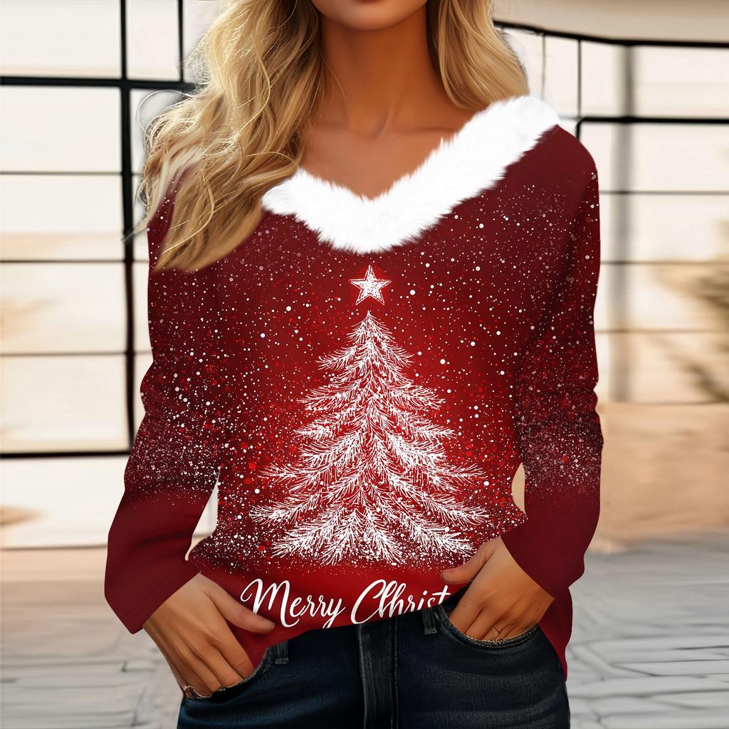Women's T Shirt Tee Christmas Print Shirt Long Sleeve Party Christmas Fleece Collar V Neck Top