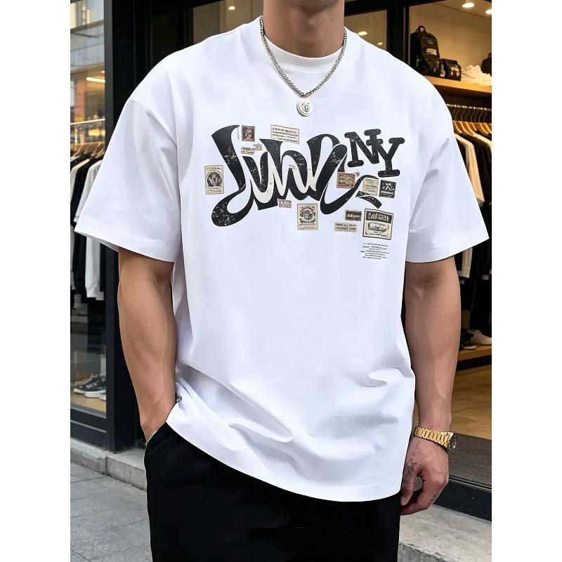 European Sizes New Summer Men's White Short-Sleeve Distressed Letter Stamp Print American Vintage Loose T-Shirt