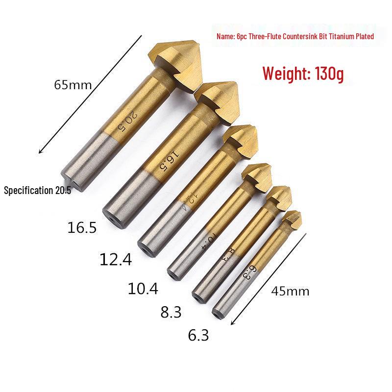 6-Piece Titanium-Plated 90° Countersink Drill Bit Set, Three-Flute, High-Speed Steel 4241