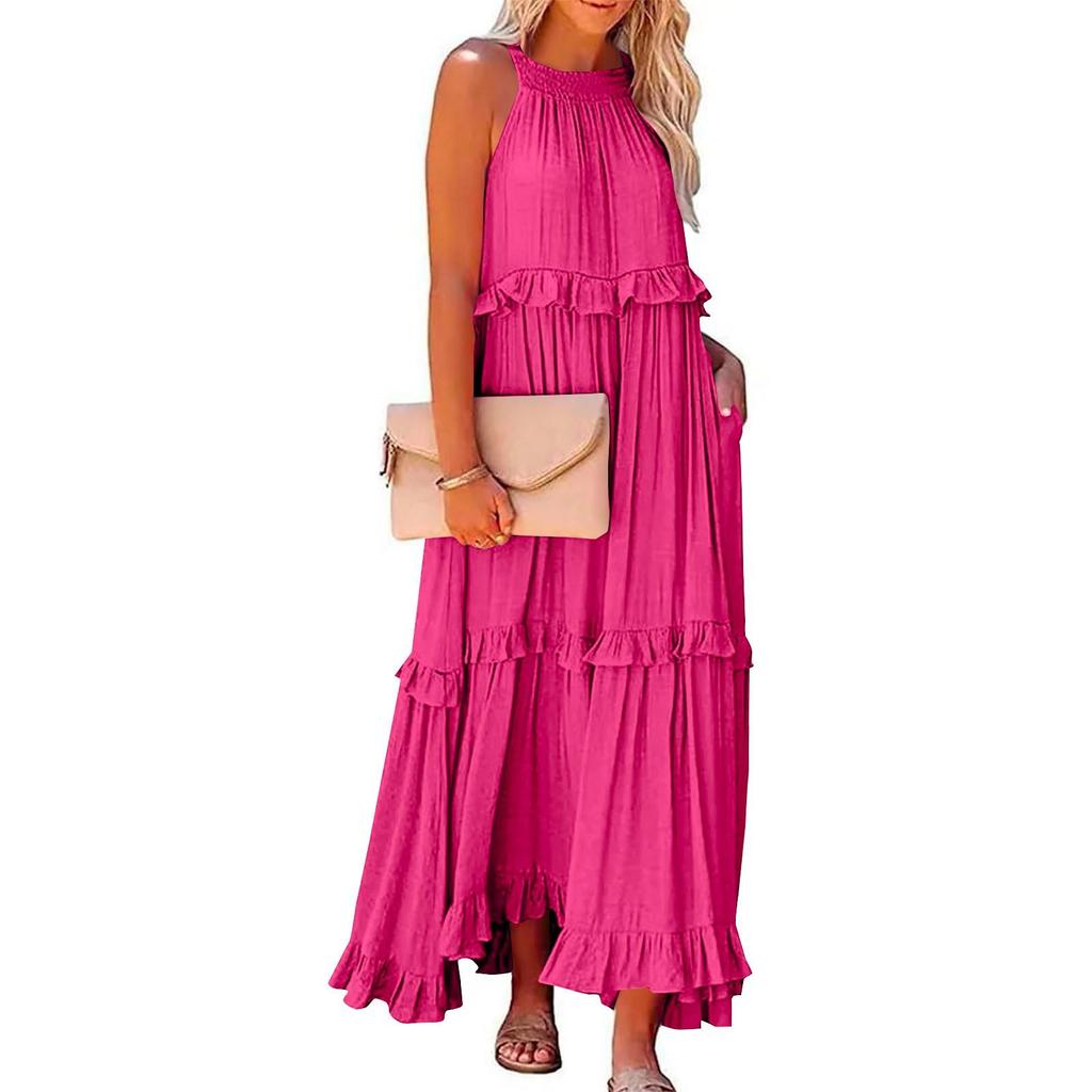 European and American 2026 Summer Ruffle Long Dress - Women's Flowing Holiday Beach Style