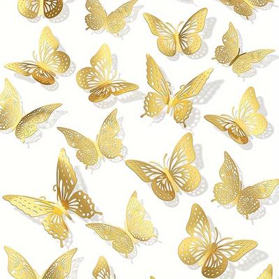 12/24/36pcs Light Luxury Style Elegant Gold Glossy Paper Multiple Mixed Three-dimensional Butterfly Hollow Design Modern Art Festival Party