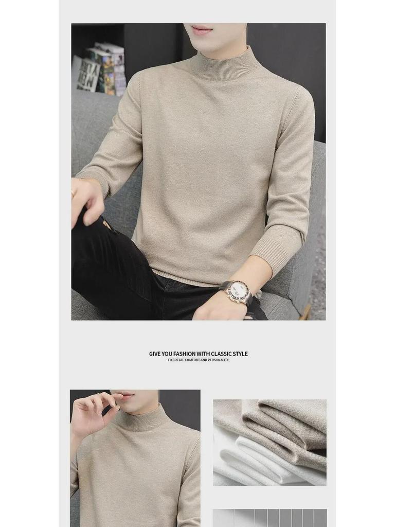 Men's Black Slim Fit Mid-Neck Knitted Sweater - Half Turtleneck for Autumn/Winter