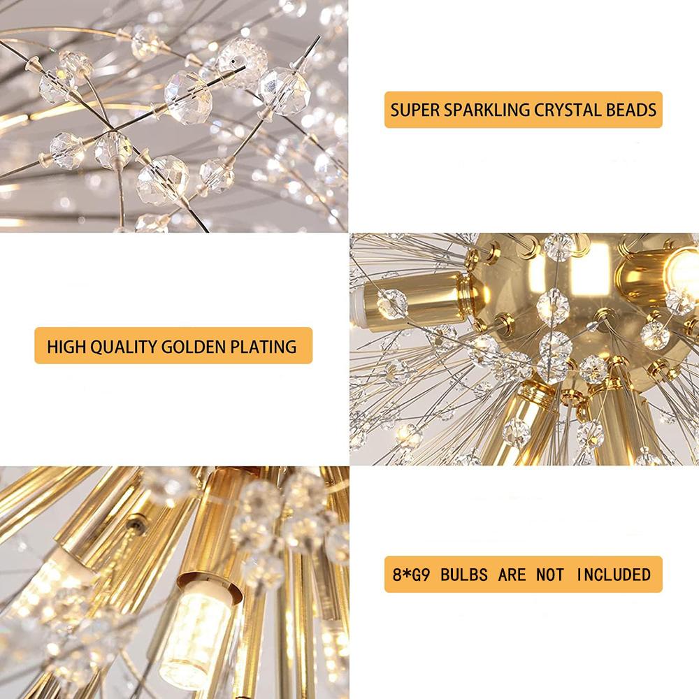 Modern Crystal Chandeliers Ceiling Light, Fireworks Chandelider, Gold Crystals Ceiling Lights, 8 G9 LED, For Living Room, Bedroom, Dining Room