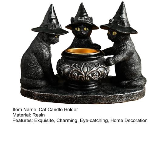 Halloween Black Cats Candle Holder Gothic Resin Cat with Witch Hat Statue Tea Light Holder for Indoor Party Mantel Coffee Table Centerpiece